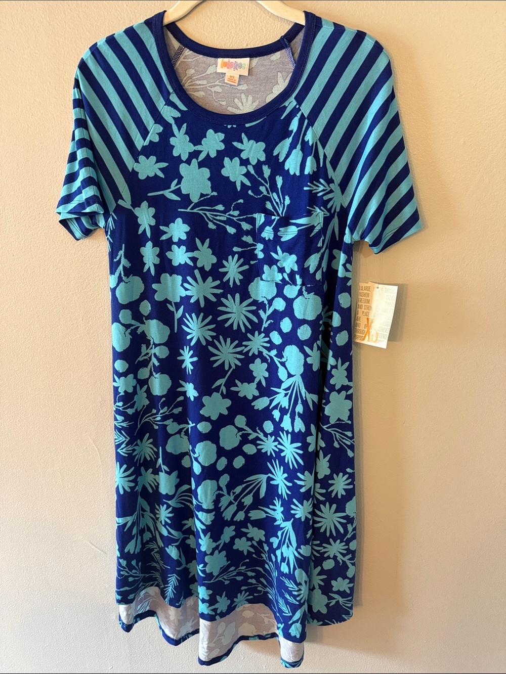 LuLaRoe Girls' Navy & Aqua Floral Dress with Striped Sleeves